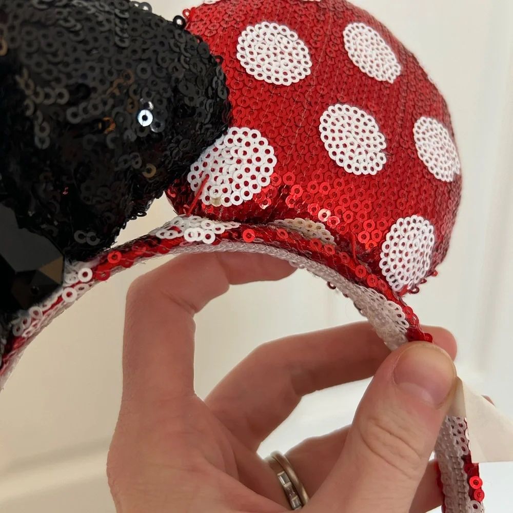 Disney Red and White Polka Dot Sequin Minnie Mickey Ears with Black‎ Bow